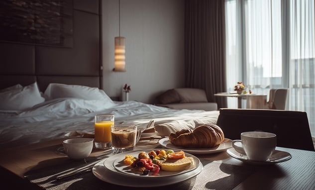 Colazione in camera d’albergo con caffè, succo e croissant