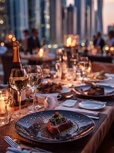 Elegantes Dinner mit Meeresfrüchten und Wein bei Sonnenuntergang mit Küstenblick.