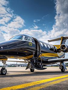 Passagier nähert sich dem Privatjet, während die Crew auf dem Rollfeld begrüßt.