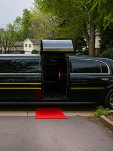 Weiße Limousine mit offener Tür und rotem Teppich am Eingang.