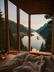 Ruhige Terrasse mit Waldblick und Sitzbereich im Freien bei Sonnenuntergang.